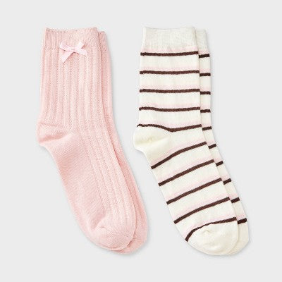  Women's Pointelle With Bow & Striped 2pk Mid Crew Socks - Wild Fable™
