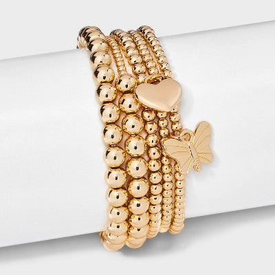  Butterfly And Heart Charm Stretch Bracelet Set 5pc - Wild Fable™ Gold