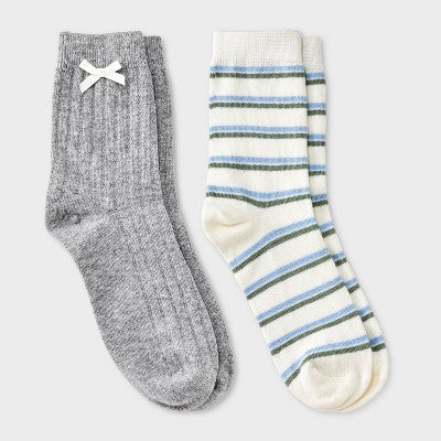  Women's Pointelle With Bow & Striped 2pk Mid Crew Socks - Wild Fable™