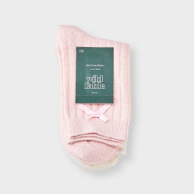  Women's Pointelle With Bow & Striped 2pk Mid Crew Socks - Wild Fable™