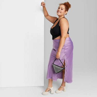  Women's Satin Lace Trim Midi Skirt - Wild Fable™