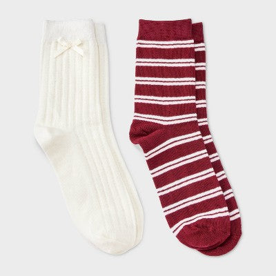  Women's Pointelle With Bow & Striped 2pk Mid Crew Socks - Wild Fable™