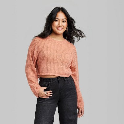  Women's Crewneck Open Knit Cropped Pullover - Wild Fable™