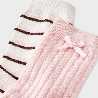  Women's Pointelle With Bow & Striped 2pk Mid Crew Socks - Wild Fable™