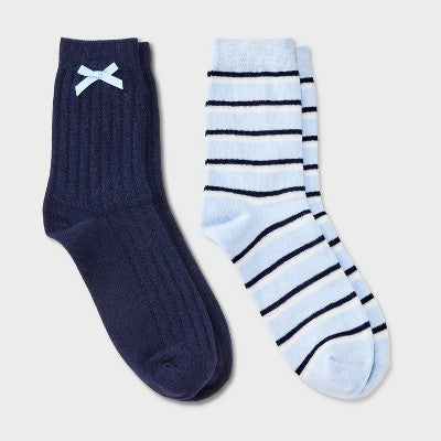  Women's Pointelle With Bow & Striped 2pk Mid Crew Socks - Wild Fable™