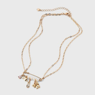  Pearl Pin With Heart And Bow Charm Necklace - Wild Fable™ Gold
