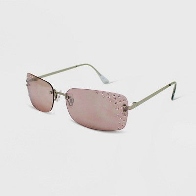  Women's Rhinestone Rimless Metal Rectangle Sunglasses - Wild Fable™ Silver