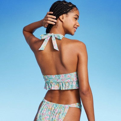  Women's Ruffle Tie-Front Halter Bikini Top - Wild Fable™ Green Floral Print