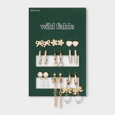  Bow Butterfly And Faux Pearl Earring Set 9pc - Wild Fable™ Gold