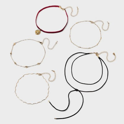  Hearts Rose And Velvet Choker Necklace Set 5pc - Wild Fable™ Gold
