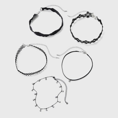  Lace Chain & Bead Choker Set 5pc - Wild Fable™ Black: Lobster Claw Clasp, Brass Material, 12" Length