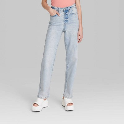  Women's Super-High Rise Distressed Straight Jeans - Wild Fable™ Light Wash