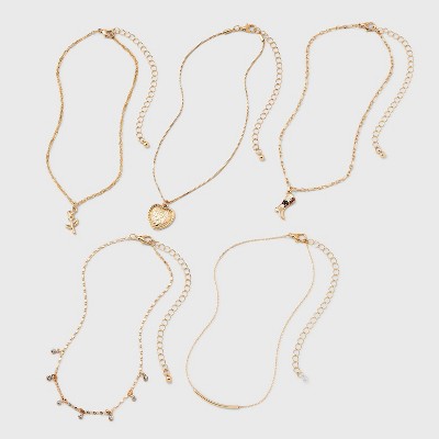  Mixed Rose And Heart Choker Necklace Set 5pc - Wild Fable™ Gold