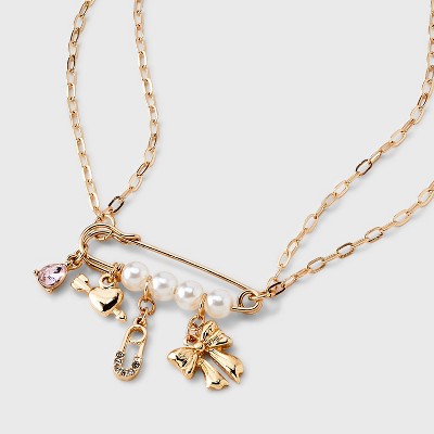  Pearl Pin With Heart And Bow Charm Necklace - Wild Fable™ Gold