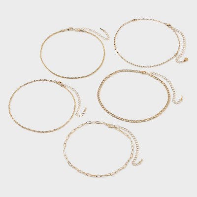  Chain Choker Necklace Set 5pc - Wild Fable™ Gold: Lobster Claw Clasp, Recycled Zinc, 12" Length