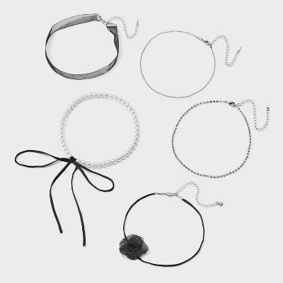  Crystal Faux Pearl & Ribbon Choker Necklace Set 5pc - Wild Fable™ Black/Silver
