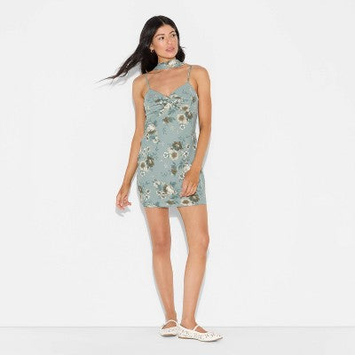  Women's Twist Front Scarf Mini Dress - Wild Fable™ Dark Green Floral