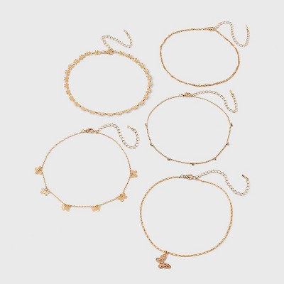  Dainty Chain With Butterfly Charm Choker Necklace Set 5pc - Wild Fable™ Gold: Brass Material, Lobster Claw Clasp, 12" Length