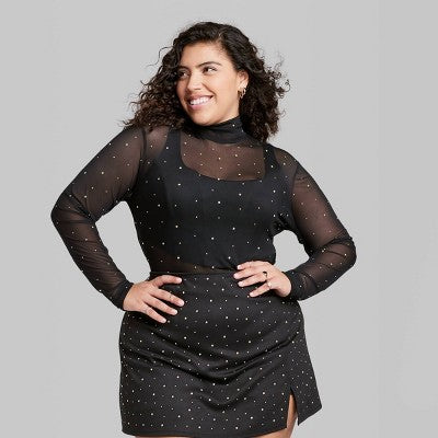  Women's Rhinestone Mesh Mock Turtleneck Top - Wild Fable™