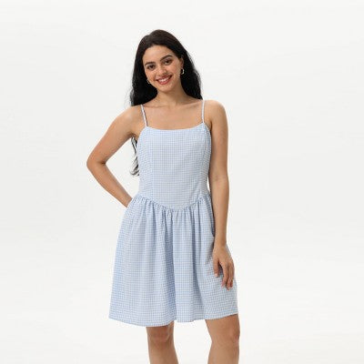  Women's Backless Mini Dress - Wild Fable™ Blue Gingham