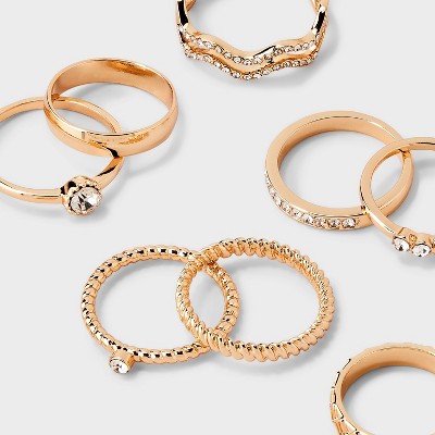  Rhinestone Band Ring Set 8pc - Wild Fable™ Gold: Stacking, Statement Jewelry, Medium/Large, Zinc Material