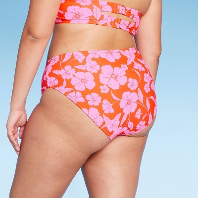  Women's High Leg Extra Cheeky Low-Rise Bikini Bottom - Wild Fable™ Orange/Pink Tropical Print