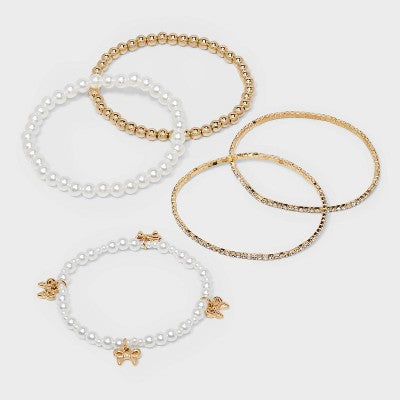  Beaded And Pearl Bow Charm Bracelet Set 5pc - Wild Fable™ Gold