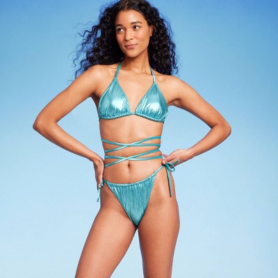  Women's Foil Strappy Extra High Leg Super Cheeky Bikini Bottom - Wild Fable™ Teal Blue