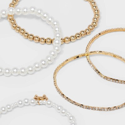  Beaded And Pearl Bow Charm Bracelet Set 5pc - Wild Fable™ Gold