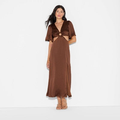  Women's Flutter Sleeve Satin Cap Maxi Bodycon Dress - Wild Fable™ Dark Brown