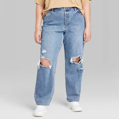  Women's Super-High Rise Distressed Straight Jeans - Wild Fable™ Medium Wash