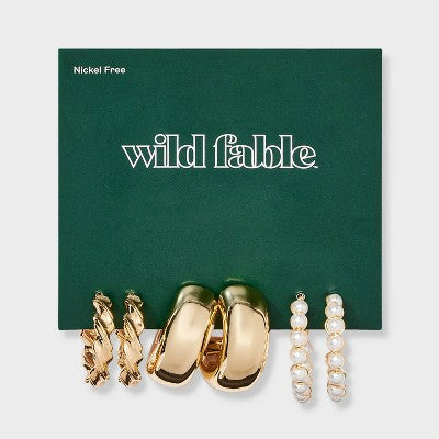  Smooth Twist And Pearl Hoop Earring Set 3pc - Wild Fable™ Gold