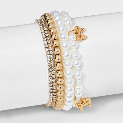  Beaded And Pearl Bow Charm Bracelet Set 5pc - Wild Fable™ Gold