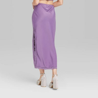  Women's Satin Lace Trim Midi Skirt - Wild Fable™