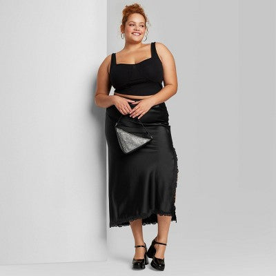  Women's Satin Lace Trim Midi Skirt - Wild Fable™