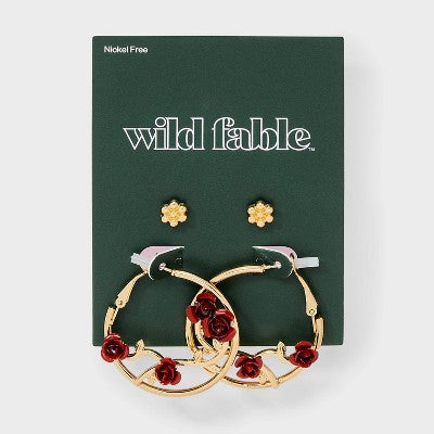  Flower Rose Vine Hoop Earring Set 2pc - Wild Fable™ Gold/Red