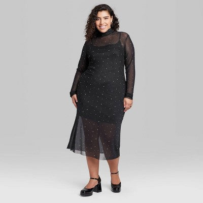  Women's Long Sleeve Rhinestone Mesh Midi Dress - Wild Fable™ Black