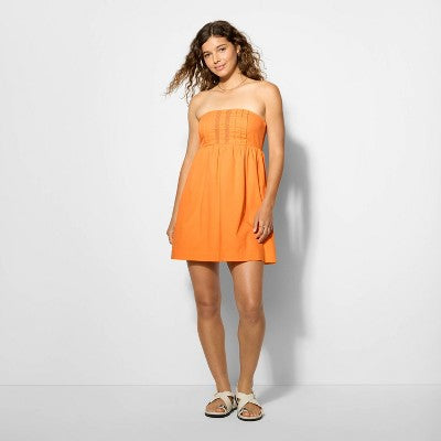  Women's Pintuck Strapless Babydoll Dress - Wild Fable™ Orange