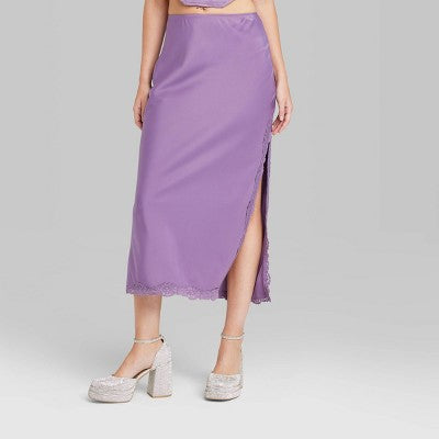 Women's Satin Lace Trim Midi Skirt - Wild Fable™