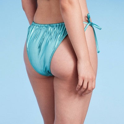  Women's Foil Strappy Extra High Leg Super Cheeky Bikini Bottom - Wild Fable™ Teal Blue