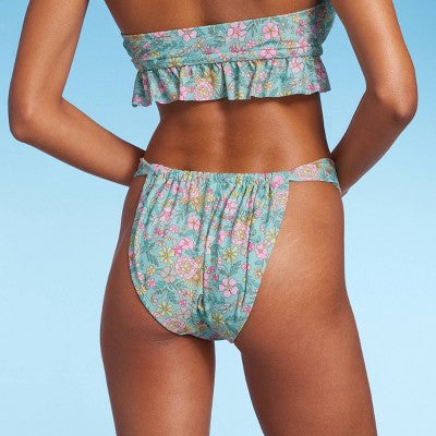  Women's Wide Strap Adjustable High Leg Bikini Bottom - Wild Fable™ Green Floral Print