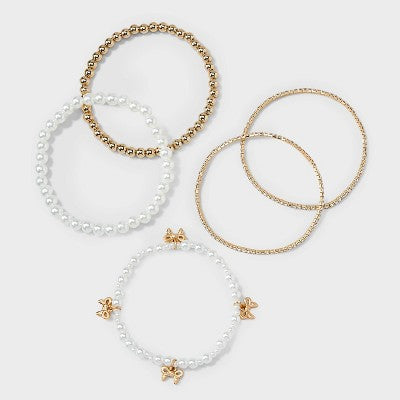  Beaded And Pearl Bow Charm Bracelet Set 5pc - Wild Fable™ Gold