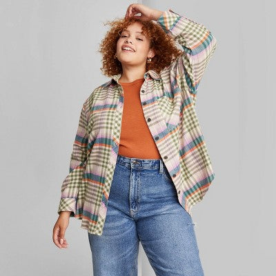  Women's Oversized Button-Down Flannel Shirt - Wild Fable™ Plaid
